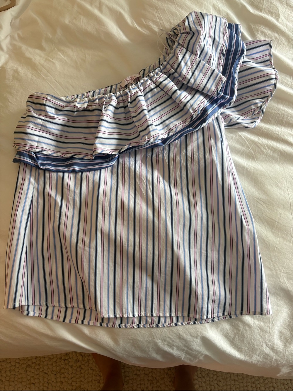 Parker One-Shoulder Striped Ruffle Top in Blue, Pink & White